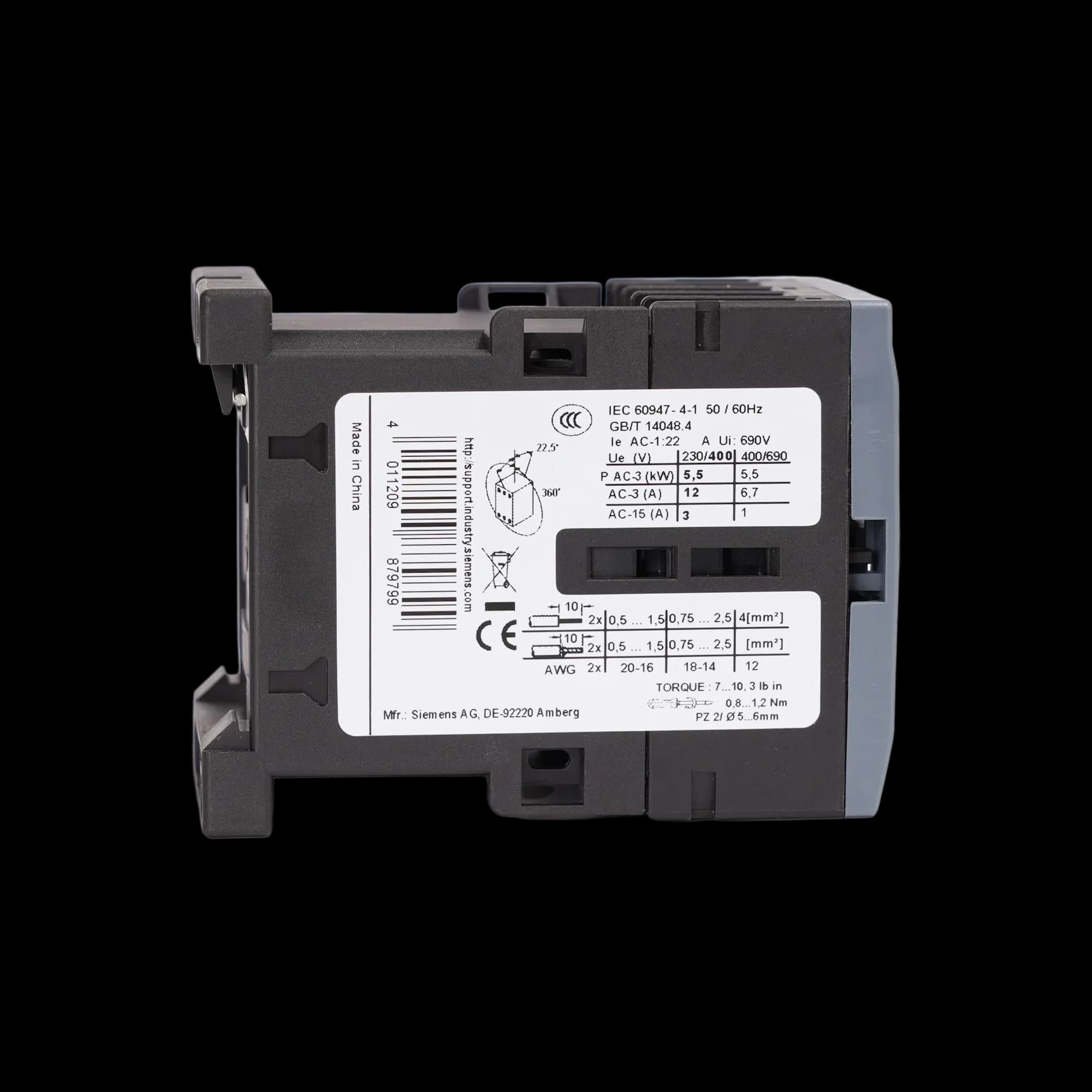 3RT6017-1AB01_Контактор 3P 12А 5.5кВт AC3 катушка, 24В AC, допконтакт 1НО, габарит S00_2