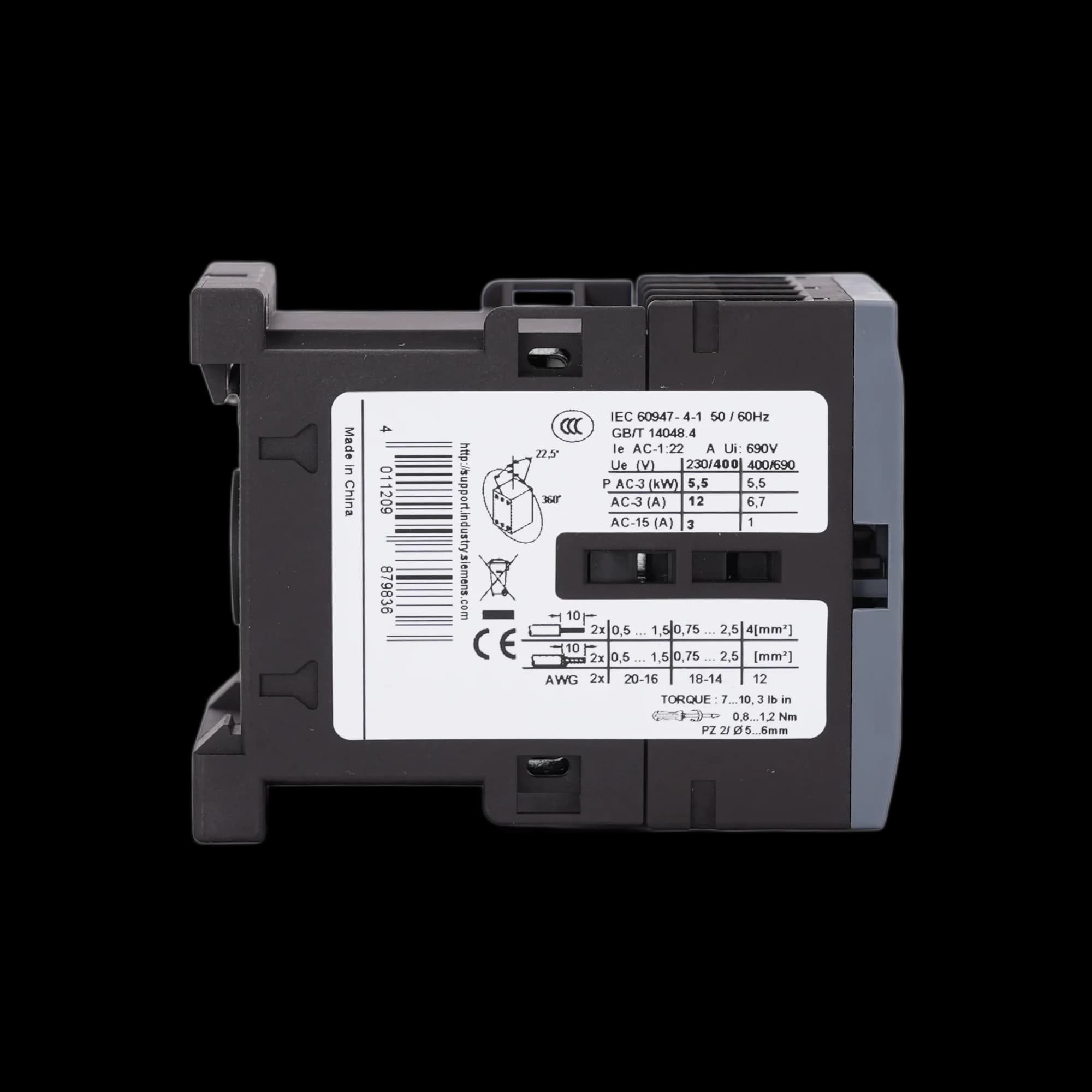 3RT6017-1BB41_Контактор 3P 12А 5.5кВт AC3 катушка, 24В DC, допконтакт 1НО, габарит S00_3