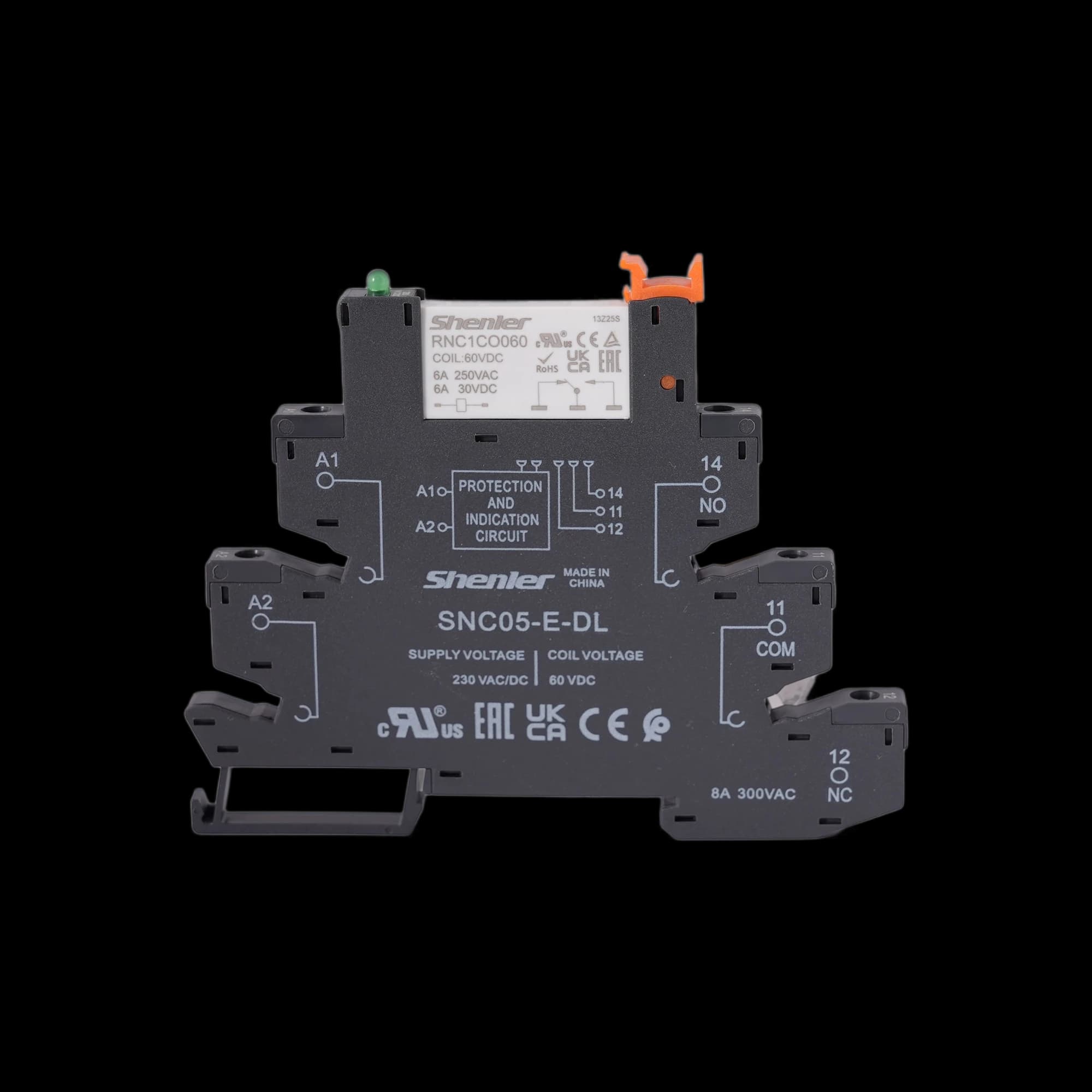 RNC1CO060+SNC05-E-DL_Реле с колодкой, винтовой зажим, 1CO, 6А, питание 230В AC/DC, светодиодный индикатор, ширина 6.2 мм